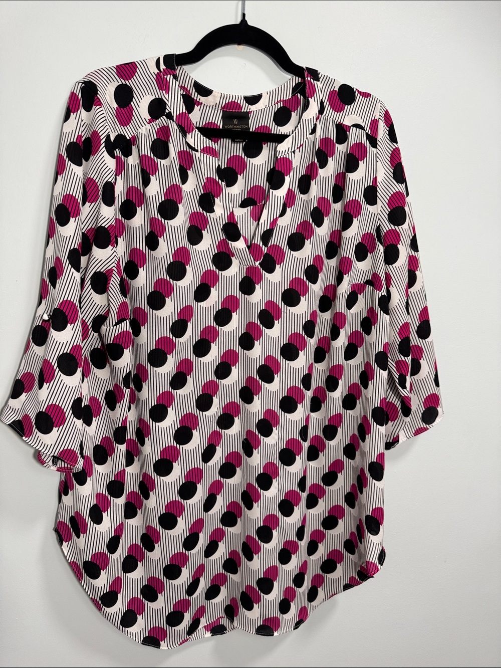 Worthington 3/4 Sleeve White Blouse with Pink & Black Polka Dot Print